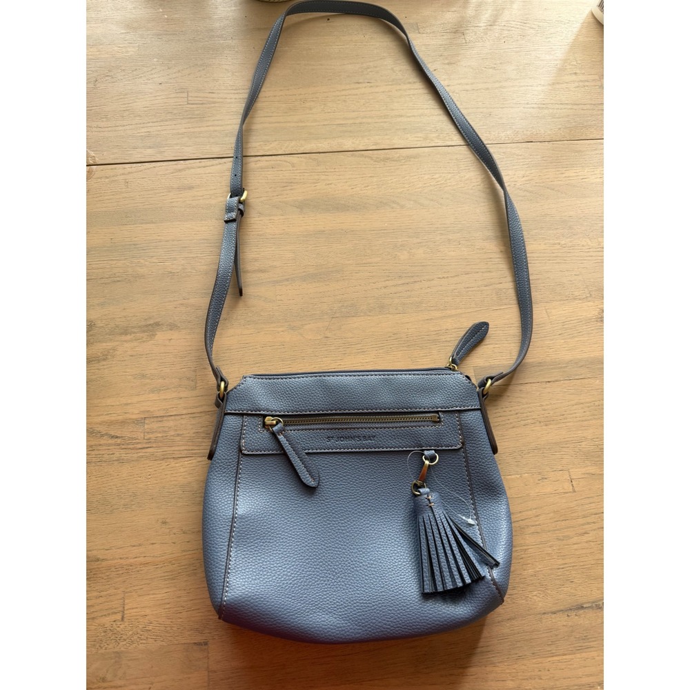 St. Johns Bay Blue Faux Leather Crossbody Bag Tassel Detail Adjustable Strap